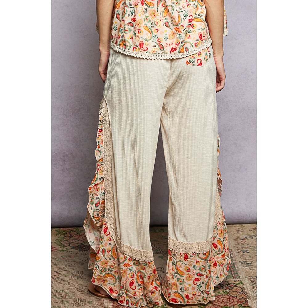 POL Boho Paisley Ruffle Wide Leg Pants Cream Lace Trim Festival Vacation SIZE‎ L - Picture 4 of 6